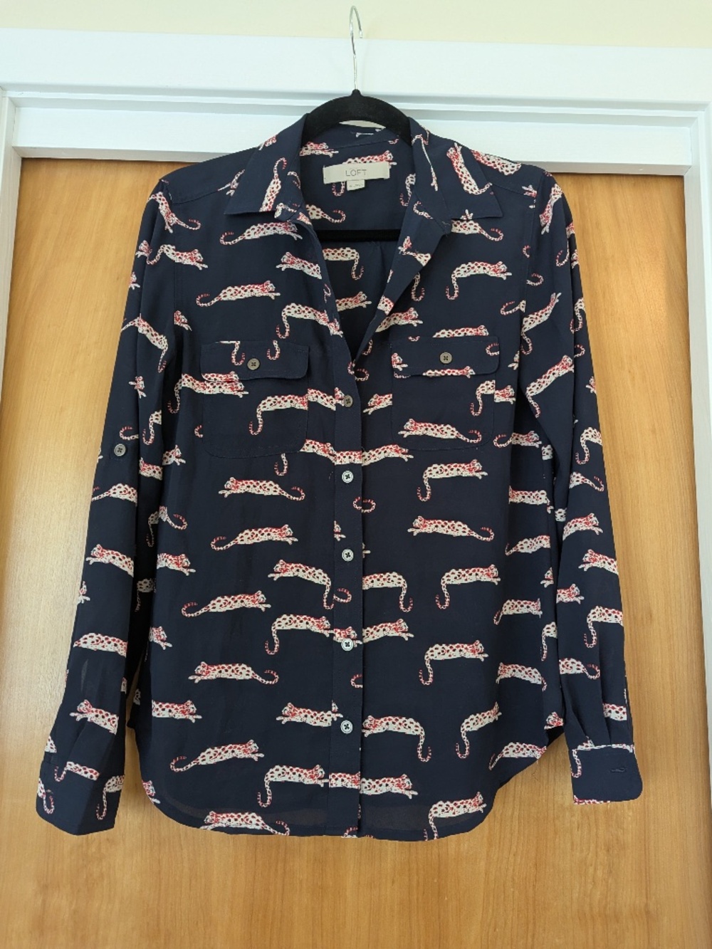 Navy leopard print button down shirt from LOFT
